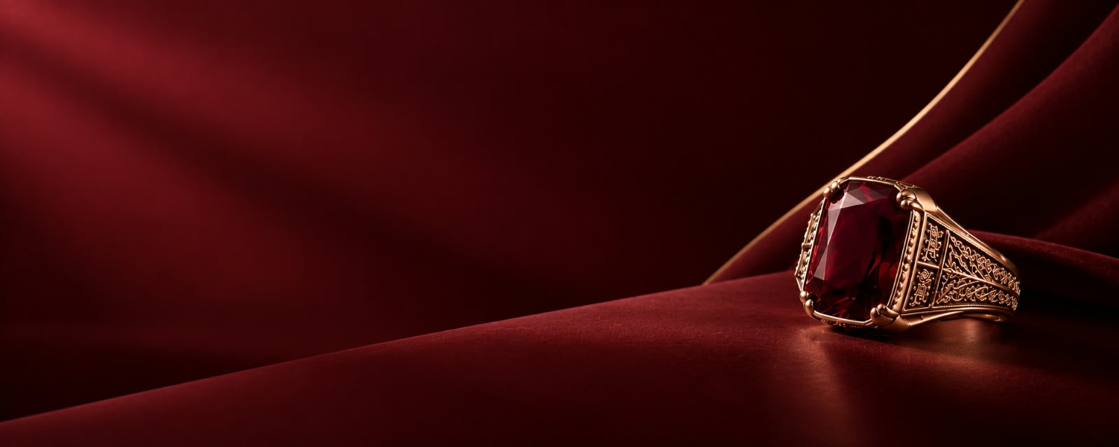 Ruby ring resting on folds of burgundy velvet