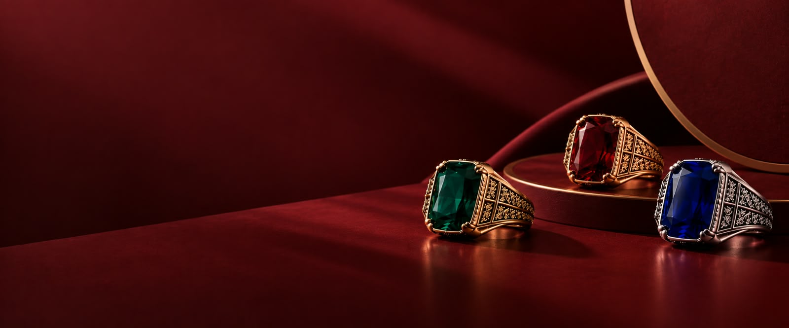 Gemstone rings on burgundy velvet