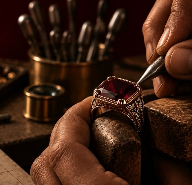 Craftsman engraving a ruby ring beside the original sketch